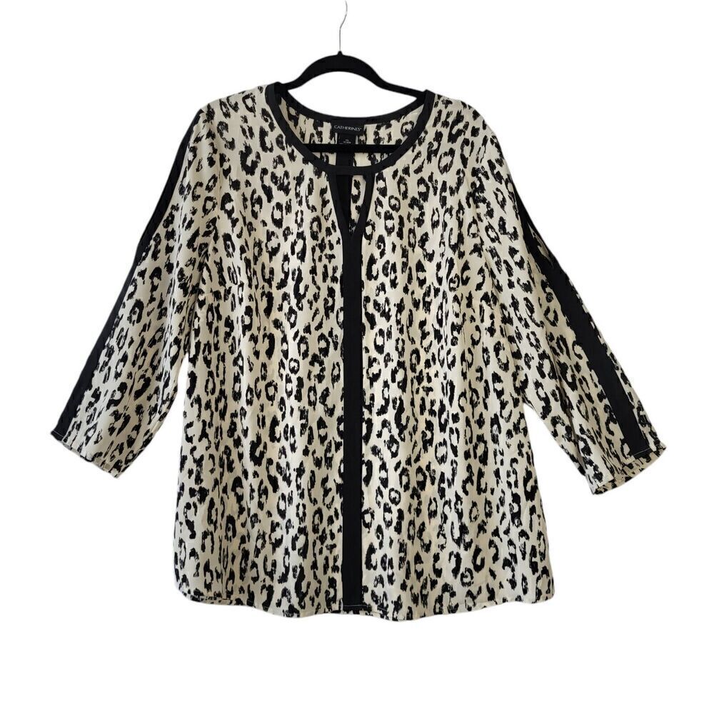 Catherines Leopard Blouse 0X (14/16) Black Lightweight Keyhole Slit Sleeve‎ m7